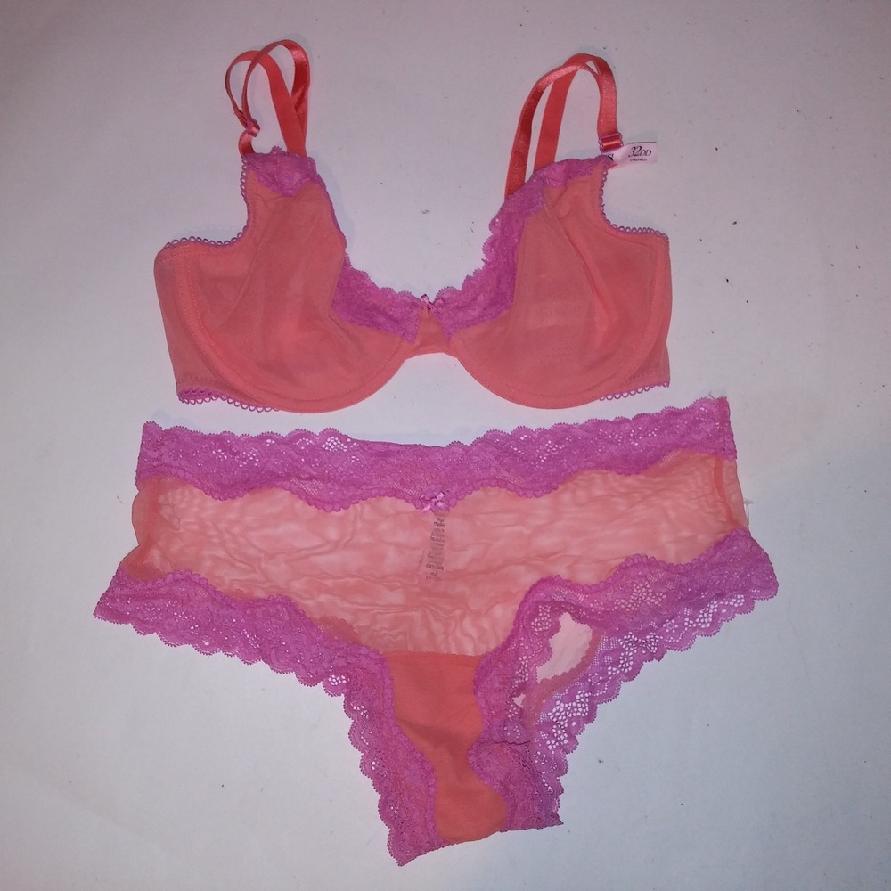 Victoria Secret Bra Set 32DD Unlined Demi Medium Cheekini Pink Orange Sheer Lace